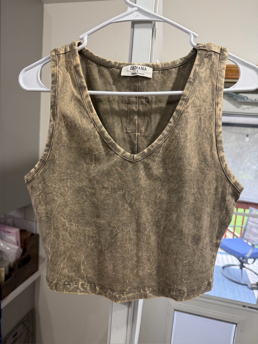 Zenana Outfitters Distressed Olive-Brown V-Neck Cropped Tank